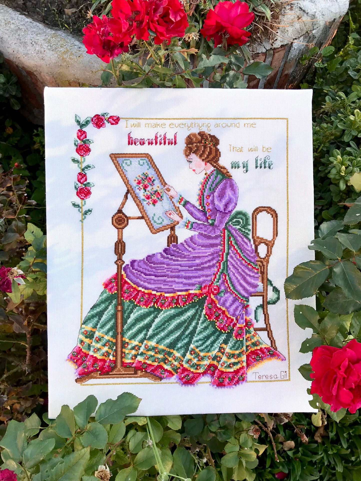 English Rose Victorian Lady Counted Cross Stitch Chart Pattern PDF