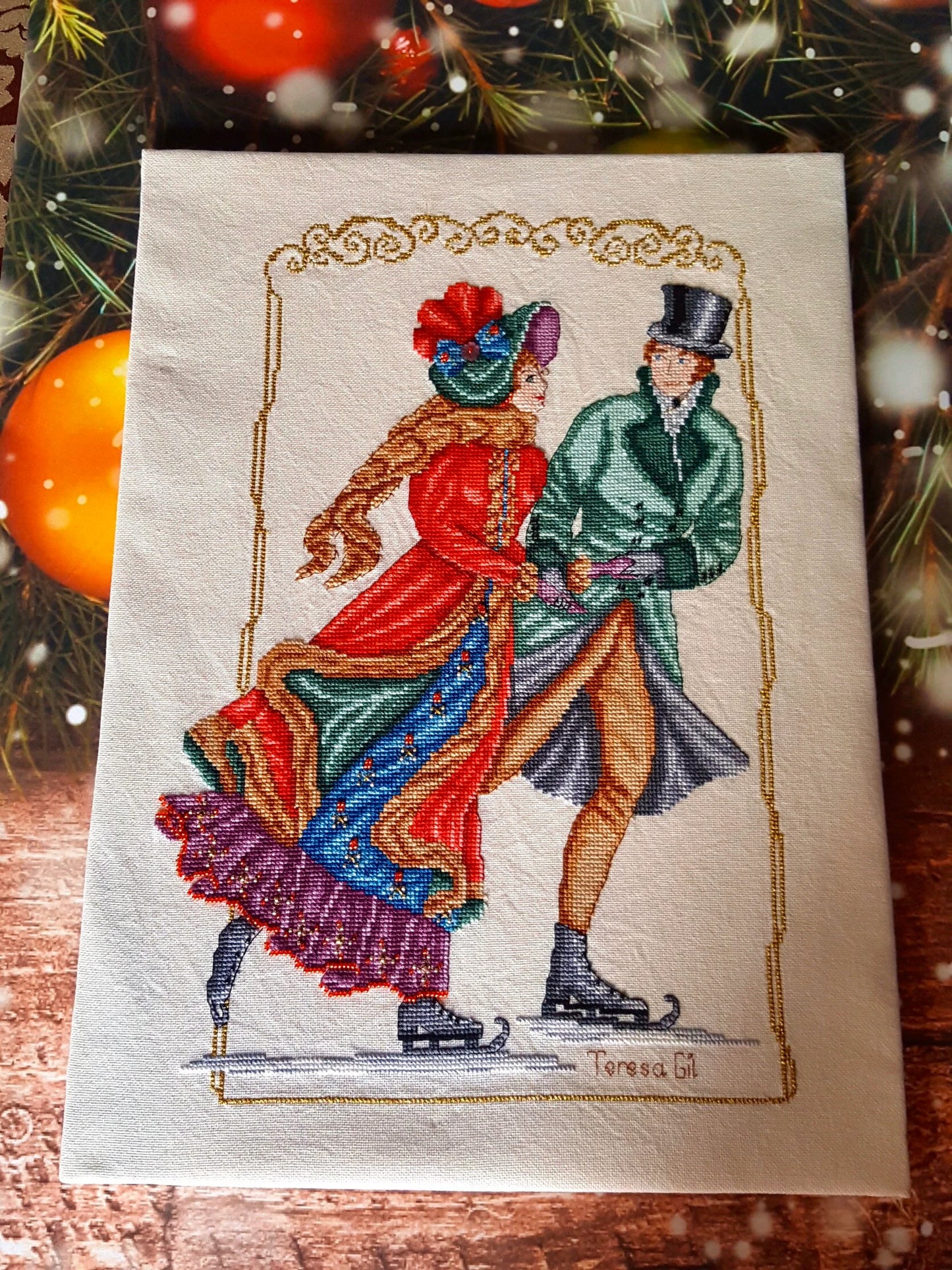 Skating In Love Victorian Lady and Gentleman - Cross Stitch Chart Pattern