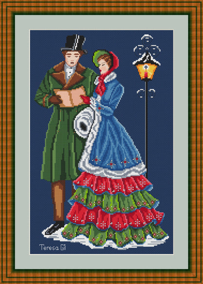 Christmas Carol Victorian Christmas Couple - Cross Stitch Chart Pattern