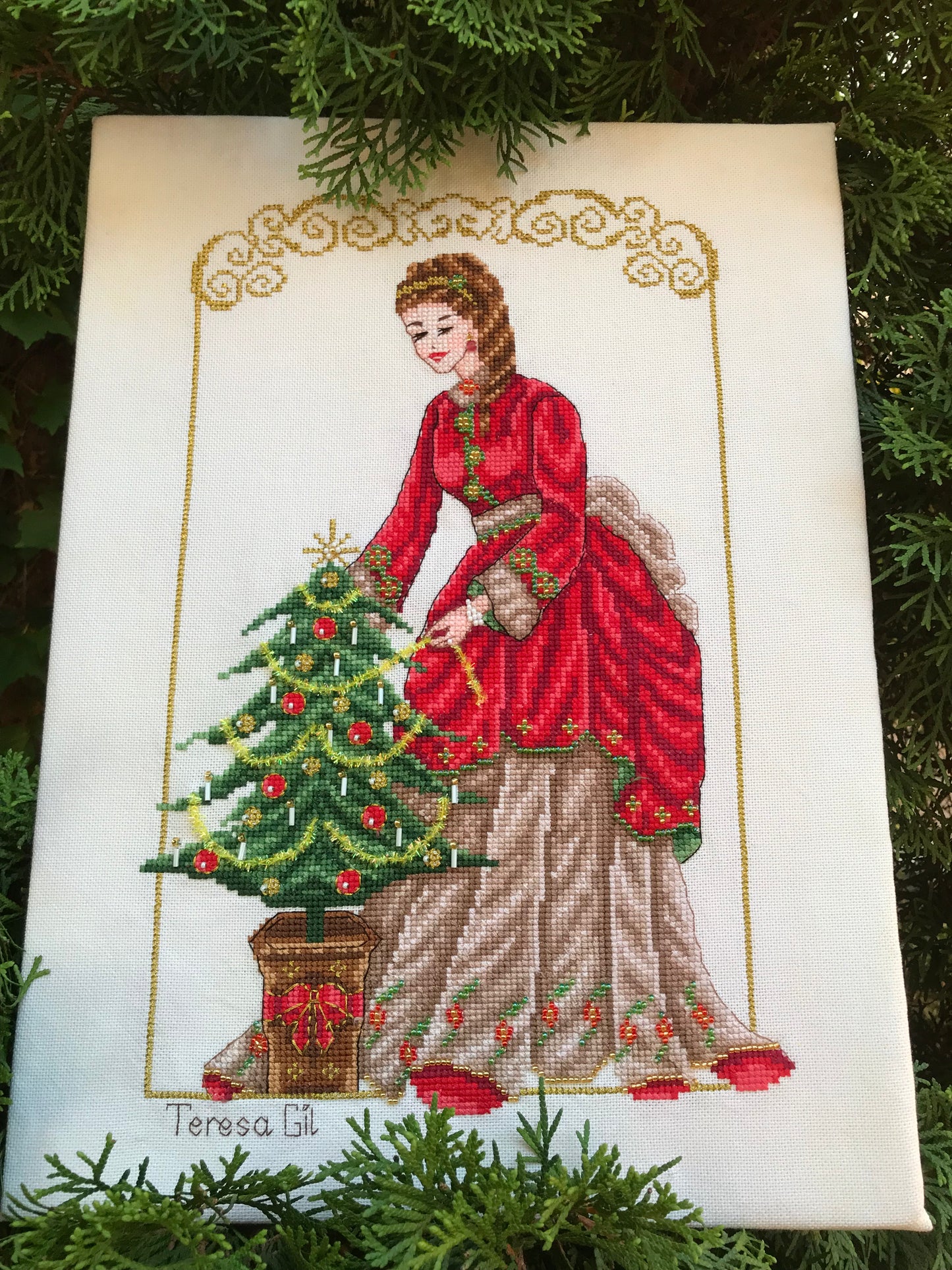 Victorian Christmas Tree & Lady - Cross Stitch Chart Pattern