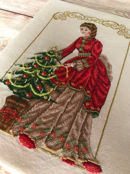 Victorian Christmas Tree & Lady - Cross Stitch Chart Pattern