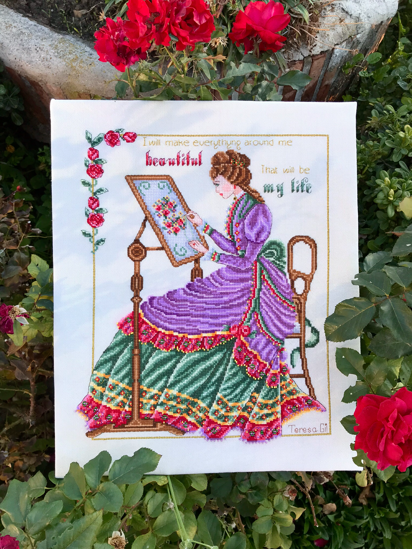 English Rose Victorian Lady Counted Cross Stitch Chart Pattern PDF