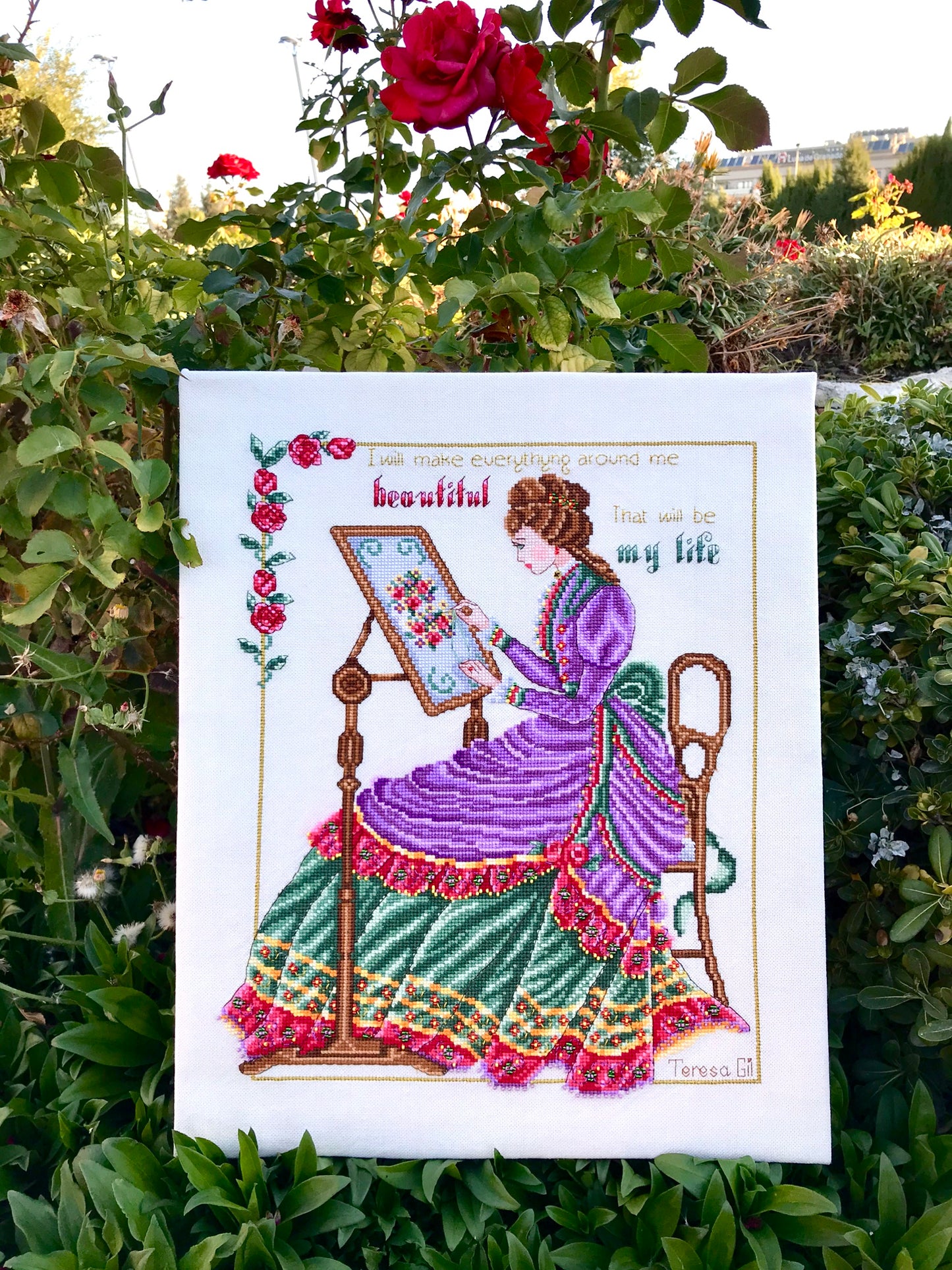 English Rose Victorian Lady Counted Cross Stitch Chart Pattern PDF