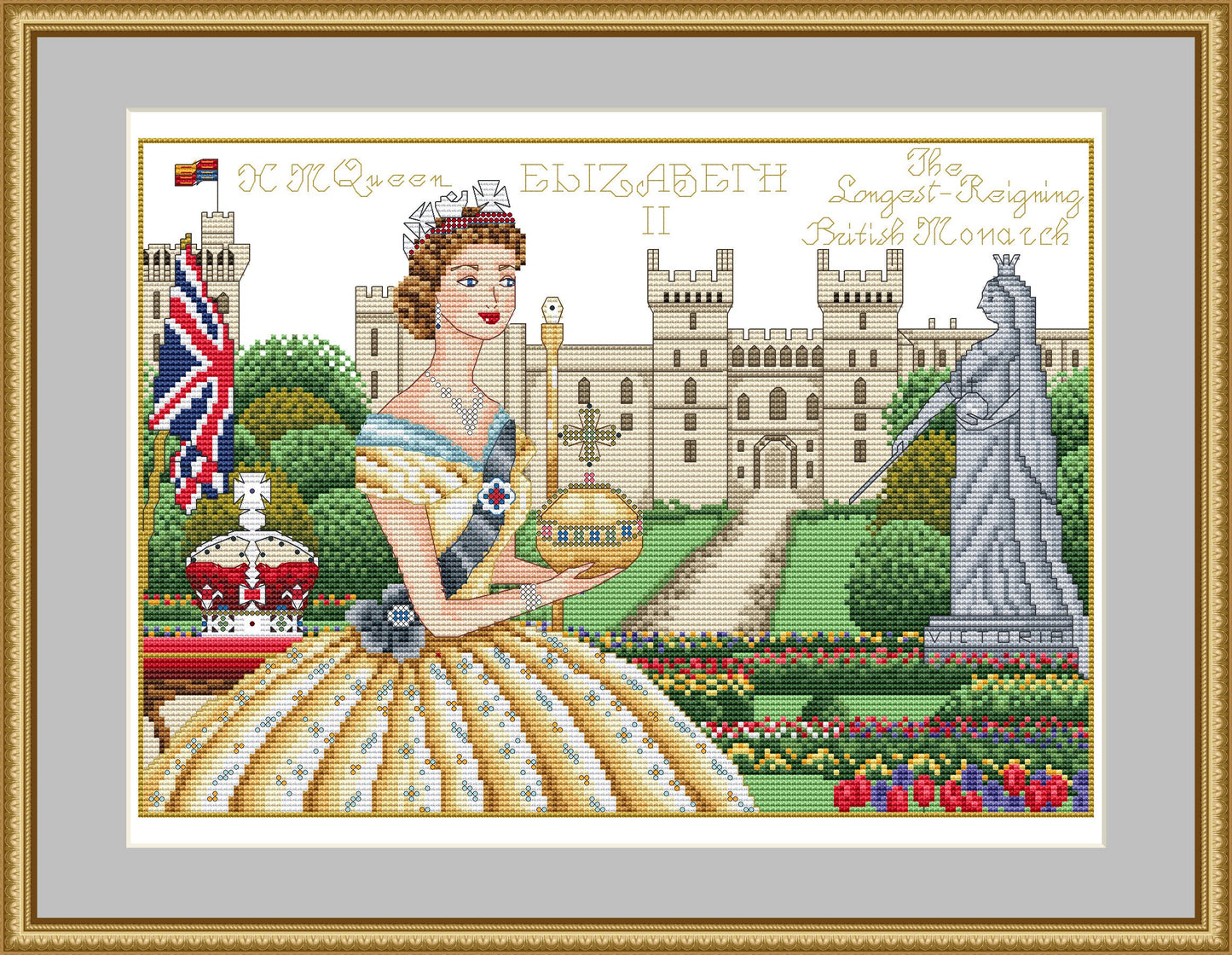 Long Live the Queen Windsor Castle Queen Elizabeth II London Historical Style Counted Cross Stitch Chart Pattern Instant PDF Download