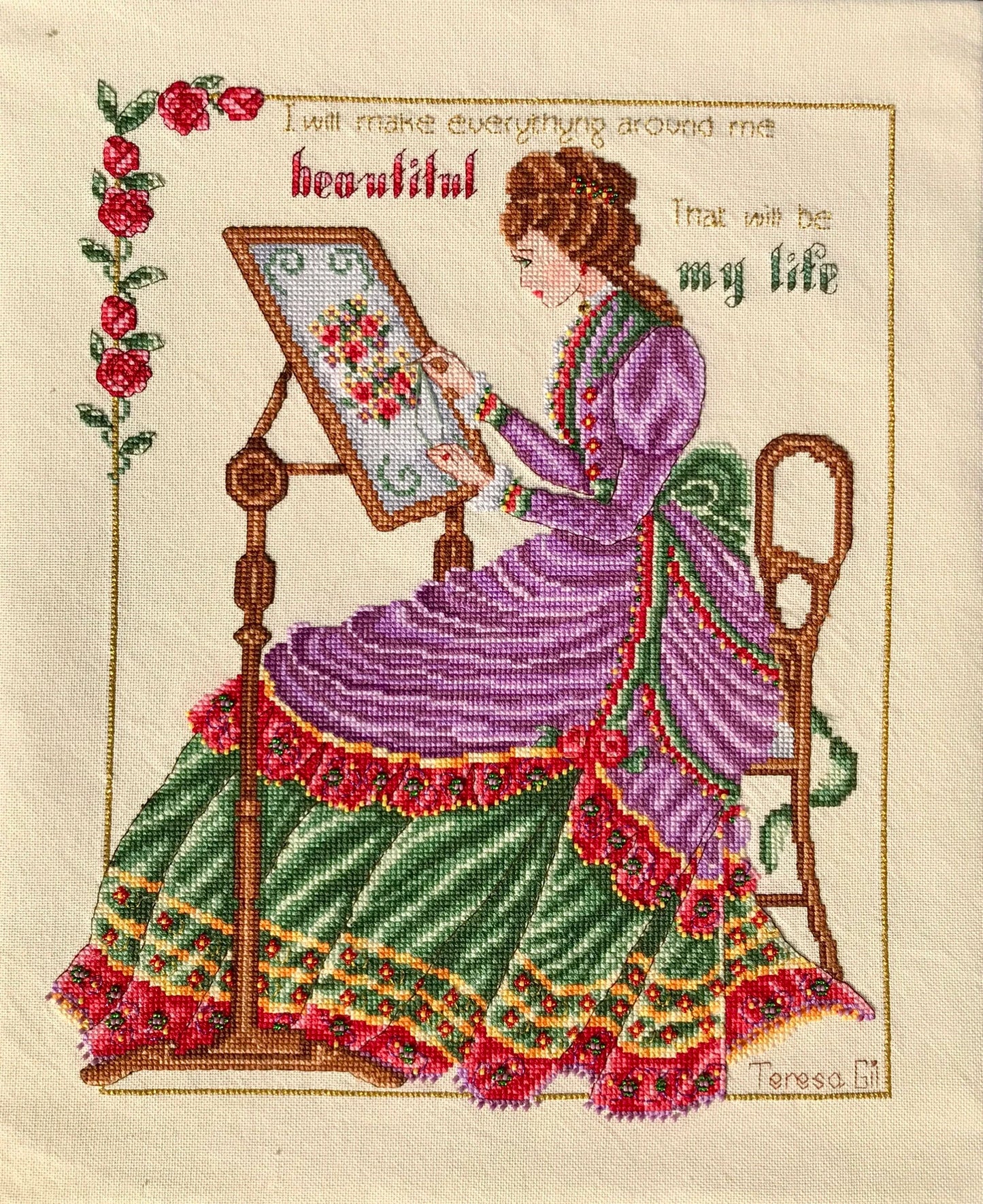 English Rose Victorian Lady Counted Cross Stitch Chart Pattern PDF