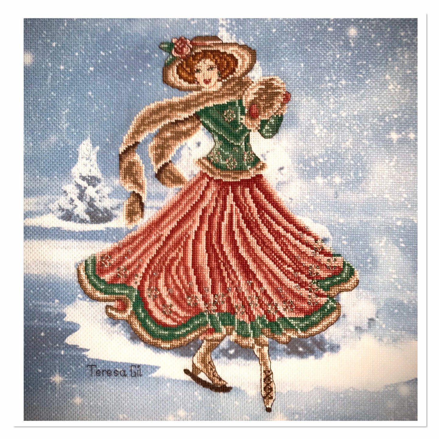 Skating Beauty Edwardian Lady - Cross Stitch Chart Pattern